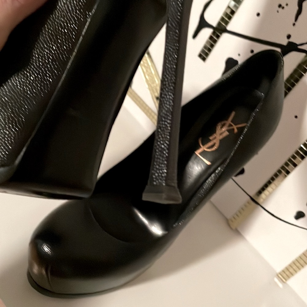 ❤️ Saint Laurent 🔥 Black Pebble Leather Platform Pumps 36 1/2 😍 & Dust bag ✅ - Picture 3 of 6